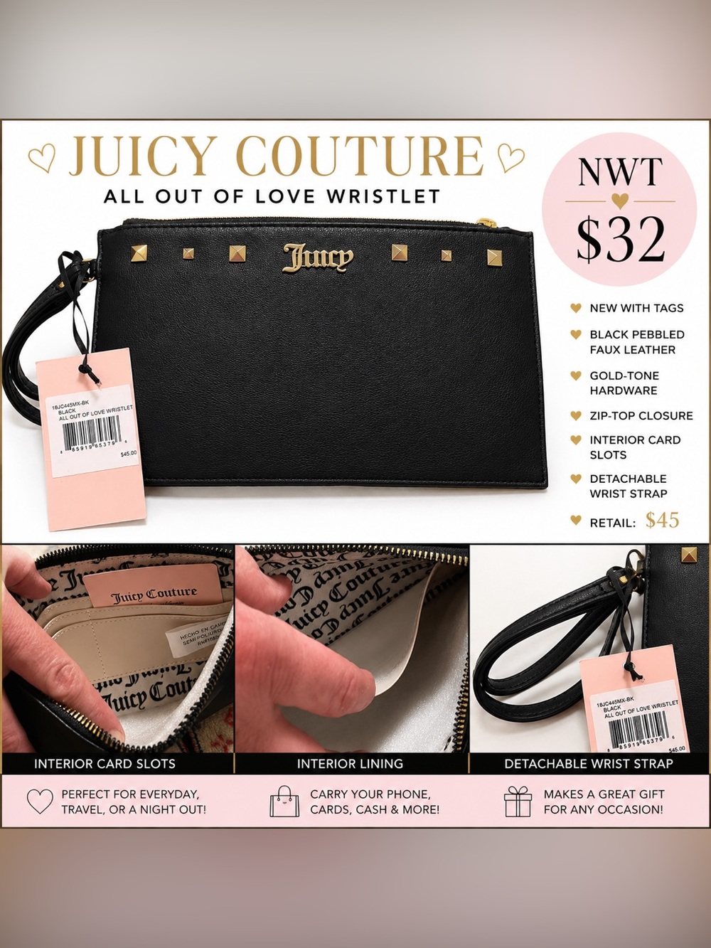 Juicy Couture Black Faux Leather Studded Wristlet with Gold Hardware
